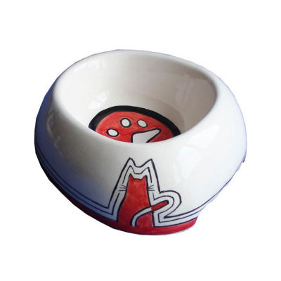 M04-03-1 Kırmızı Oturan Kedi Desenli Kedi Mama Kabı - 1